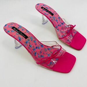 Michael Antonio‎ Y2K Sandals Women Size 8 Pink Floral Clear Heel Bow Square Toe